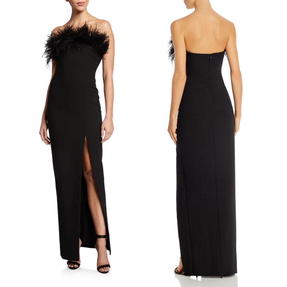 Likely Desi Gown 6 Black Ostrich Crepe Maxi Dress Strapless Slit Formal Feather